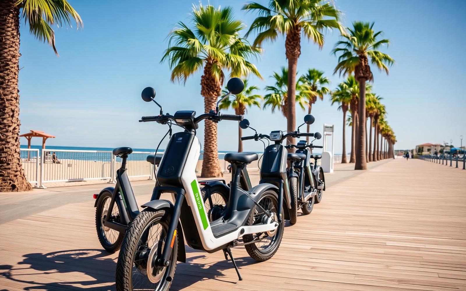 E-bikes and electric scooters parked along a California beachfront boardwalk