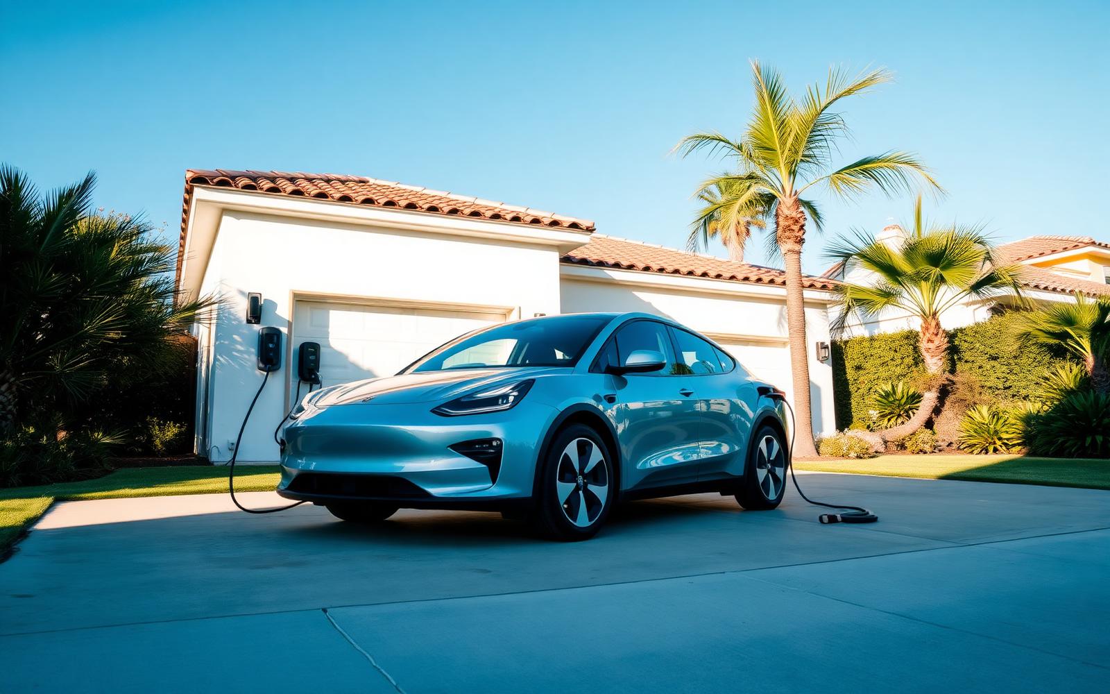 Electric vehicle charging in the driveway of a Southern California home
