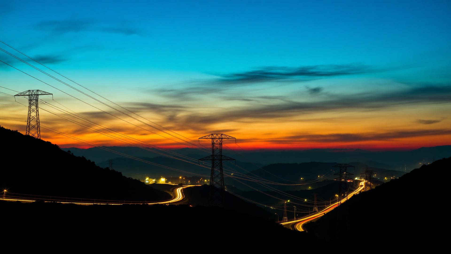 Transmission lines across California hills at dusk