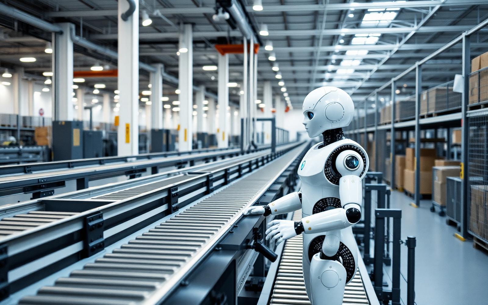 Humanoid robot working beside a conveyor system in a modern warehouse