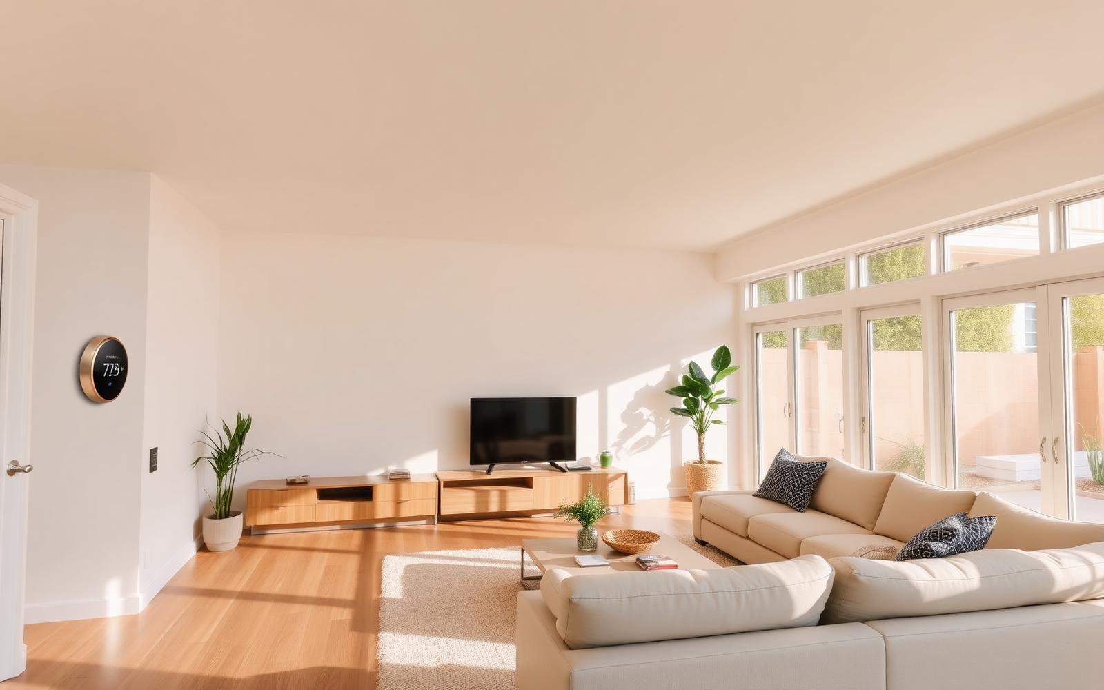 Bright modern California living room with a smart thermostat on the wall